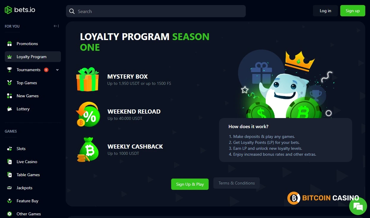 Screenshot of Bets.io loyalty program