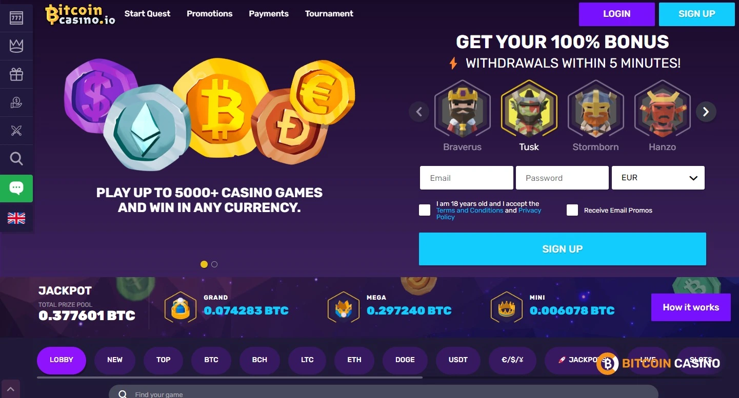 Screenshot of BitcoinCasino.io home page