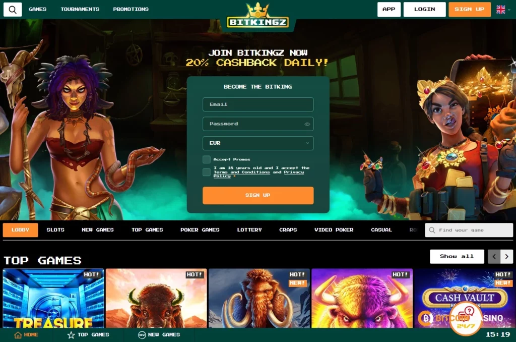 Screenshot of Bitkingz casino home page