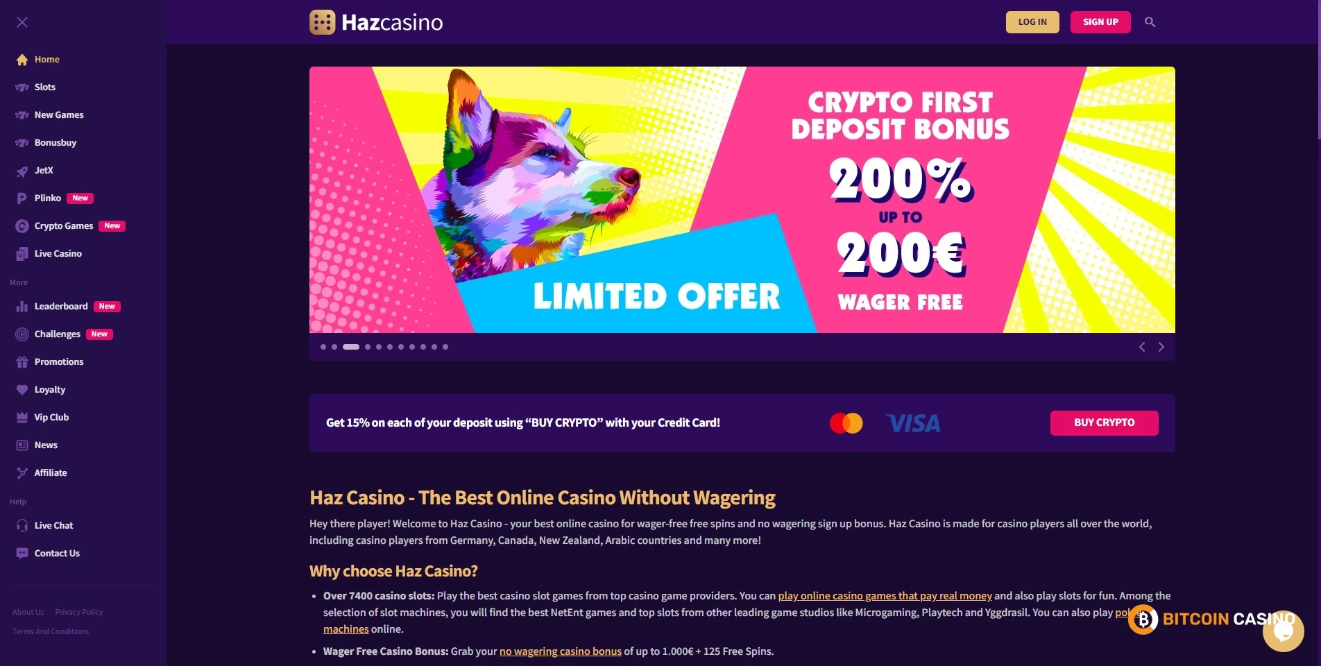 Screenshot of Haz Casino front page