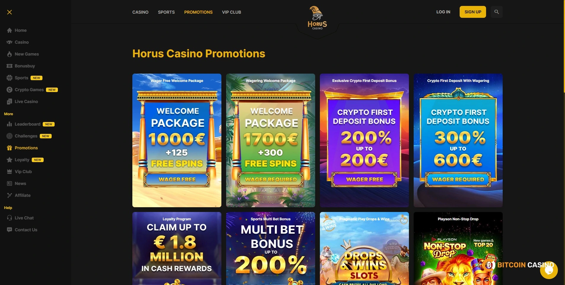 Screenshot of Horus Casino home page